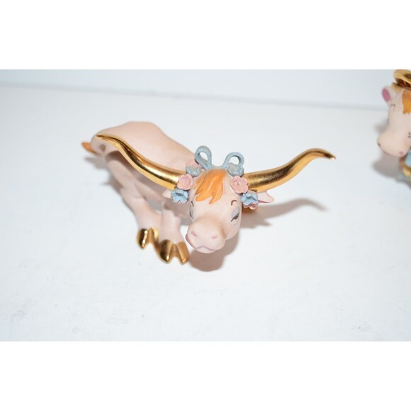 Vtg Pink Longhorn Bull Figurine Bow Flowers Walker Renaker Holy Cow Lot Flaws - Picture 3 of 11